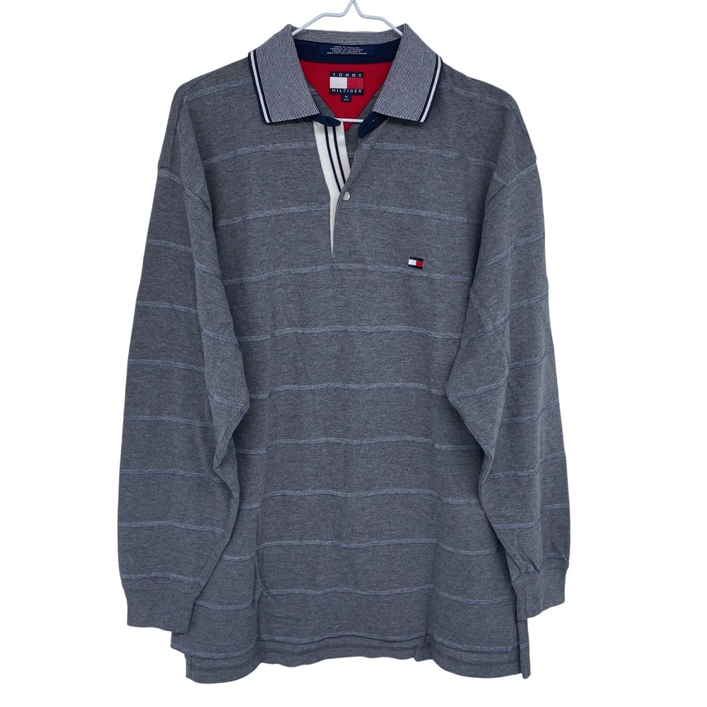 Vintage 90s Tommy Hilfiger Long Sleeve Polo Shirt Medium Rugby Gray Striped‎